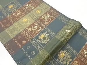 色紙に鳥・獣・花模様織出し開き名古屋帯（額縁仕立て）